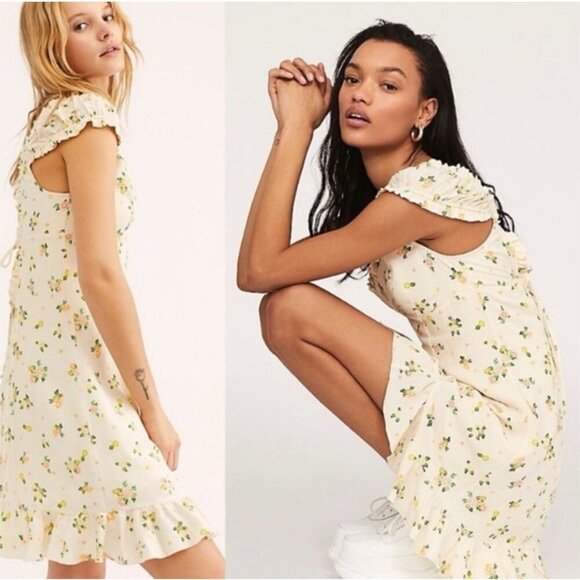 NEW! Free People Like a Lady Citrus Lemon Print Summer Dress Linen Blend Ivory L - Picture 8 of 14
